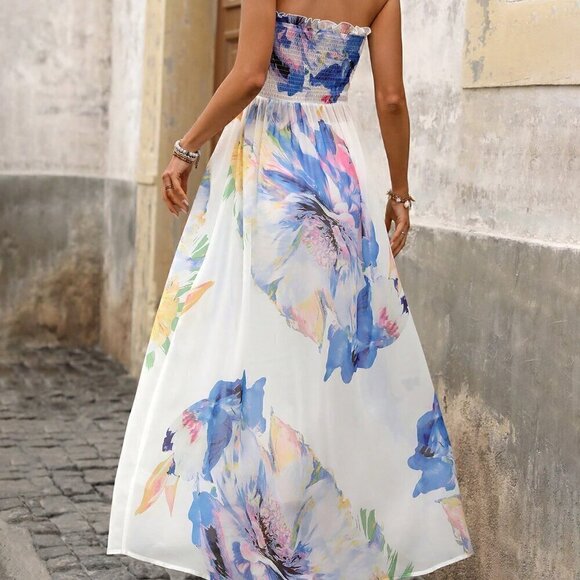 Blue Boho Women's Floral Print Frill Hem Bandeau Top With Slit - Picture 2 of 6